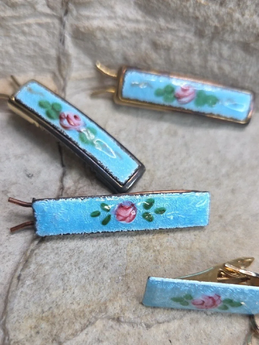 Antique Guilloche Sweater Clips, Hair Pins Floral Hand-Painted Blue Enamel Set